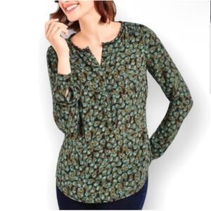 Talbots Peacock Feather Print Blouse Green Blue Black Lace Trim XL Dark Academia
